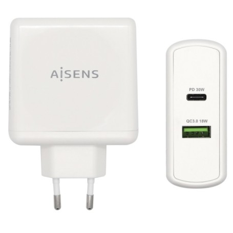 Carregador Aisens 1xUSB-C PD3.0 30W, 1xUSB-A QC3.0 18W (48W)